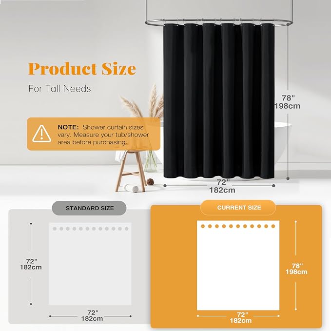 72x78 Linen Textured Waterproof Thick Fabric Shower Curtain Set, Black | Long Size, 230GSM Polyester, Heavy Duty Cloth, Weighted Hem, 12 Plastic Hooks, Modern Luxury Hotel Style, Machine Washable