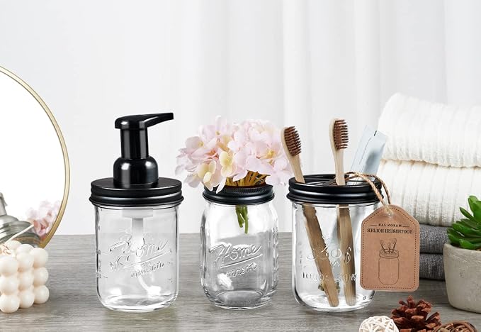 SheeChung Mason Jar Toothbrush Holders, Farmhouse Toothpaste Organizer, 1Pc | Black Glass Electric Tooth Brush Holder for Bathroom Countertop, Removable Stainless Steel Lid,3 Divider,Rustic Vintage Decor