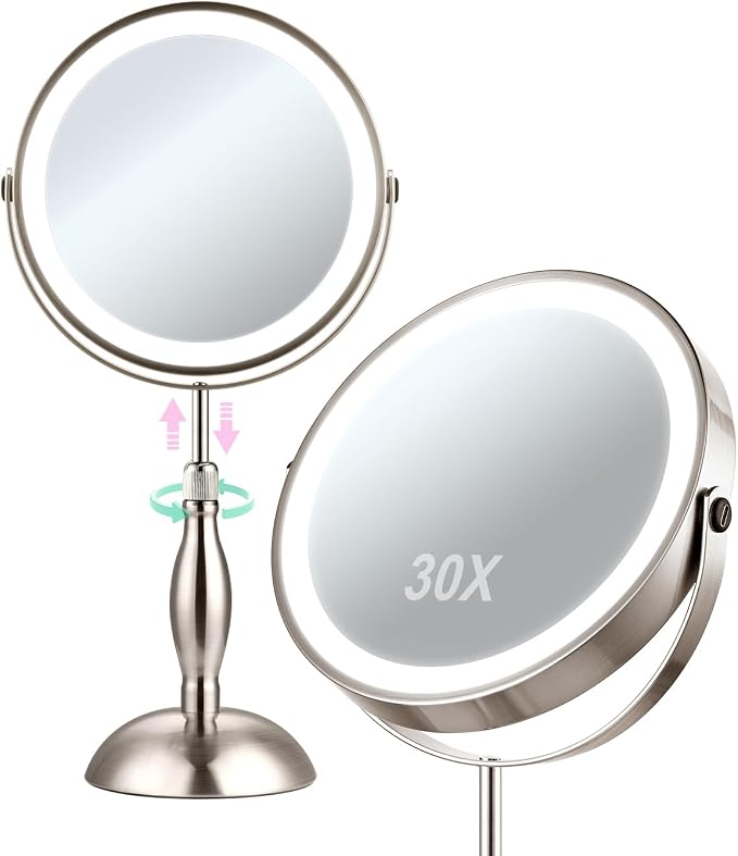 30X Magnifying Mirror with Lights, 8" Height Adjustable Makeup Mirror | Rechargeable 5000mAh, 30x Double Sided, 3 Color Lights + Dimmable, Nickel – Modern Magnifying Mirror for Bathroom Desk