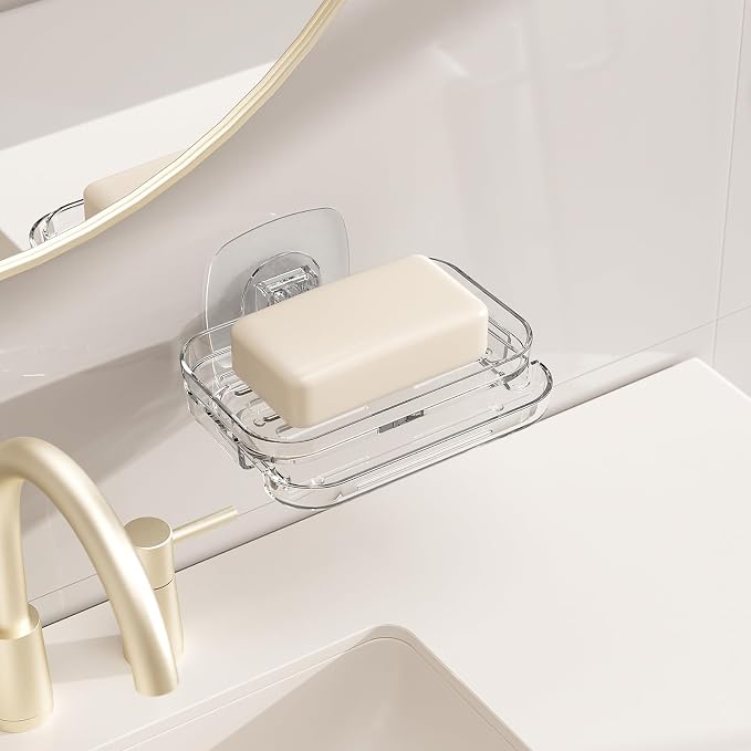 Soap Dish for Shower Clear Soap Holder with Strong Adhesive(2Pack) | No drilling self-draining design pull-out drip tray perfect for rv bathrooms & kitchens—keeps soap dry mess-free easy clean