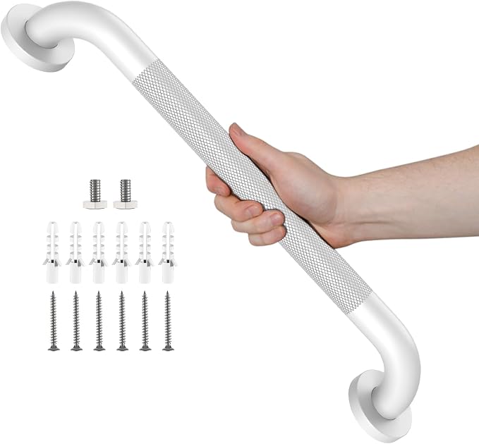 White Grab Bar 20 Inch, Grab Bar for Bathtub and Shower | Anti-Slip Knurled Grip, Stainless Steel, Bathroom Assist Handle Handrail, Handicap Support Bars for Toilet, 1.25" Diameter