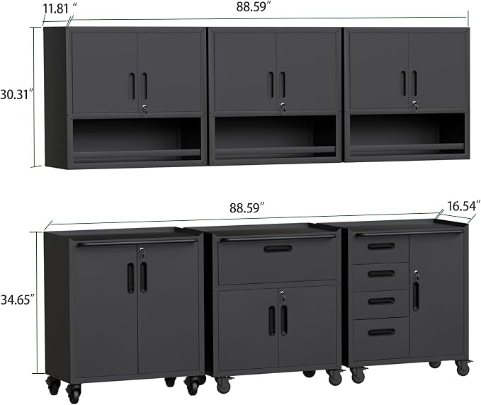 Garage Storage Cabinet System,Wall Cabinet & Locking Rolling Tool Cabinet with Doors and Adjustable Shelves