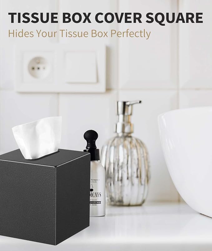 Livelab Metal Tissue Box Cover, Square Tissue Box Holder Modern Decor Facial Napkin Holder Tissue Box Dispenser for Bathroom Vanity Countertop, Living Room, Bedroom, Office | Dark Pebble Grain