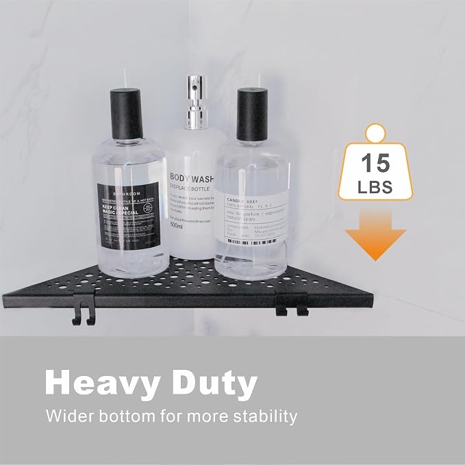 WELLUP Shower Shelf with 4 Hooks,10" Matte Black Corner Shower Shelf 2 Pack | 304 Stainless Steel Corner Shelf Recessed, Shower Corner Shelf for Tile Wall,Holds 15 lbs,Hollowed Drainage,Easy Install