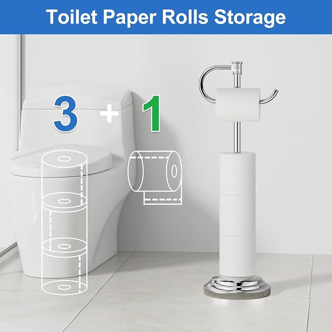 RUMOSE Toilet Paper Holder Stand for Floor Free Standing, Chrome | Bathroom Freestanding Toilet Tissue Roll Holder with Storage, Adjustable 17-25 Inch, Rustproof, SUS304 Stainless Steel