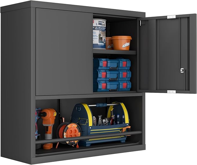 GREATMEET Locking Metal Garage Wall Cabinet with Doors and Shelf | 31" H Wall Mount Storage Cabinet, Steel Floating Hanging Utility Tool Cabinet for Garage System, Shop, Warehouse, Black