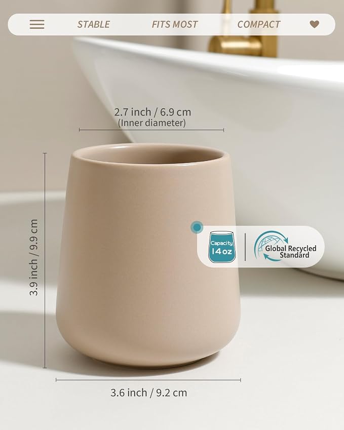 BosilunLife Bathroom Toothbrush Holder - Ceramic Toothbrush Cup Holder 13Oz Khaki Toothbrush Holder for Bathroom Toothbrush and Toothpaste Holder for Bathroom Vanity Countertop, Ideal for Home, Hotel