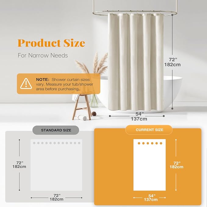 Linen Textured Waterproof Fabric Shower Curtain, 54x72, Light Cream | Heavy Duty Polyester Cloth, 10 Plastic Hooks, Quick-dry, Elegant Drape, Modern Hotel Style, Bathroom Decor, Machine Washable