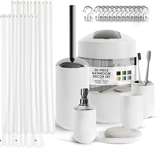 Clara Clark Bathroom Set - White Bathroom Accessories Set, 20PC Bathroom Accessory Set, Shower Curtain Set with Liner, Toothbrush Holder, Soap Dispenser, Soap Dish, Toilet Brush Holder, and Trash Can