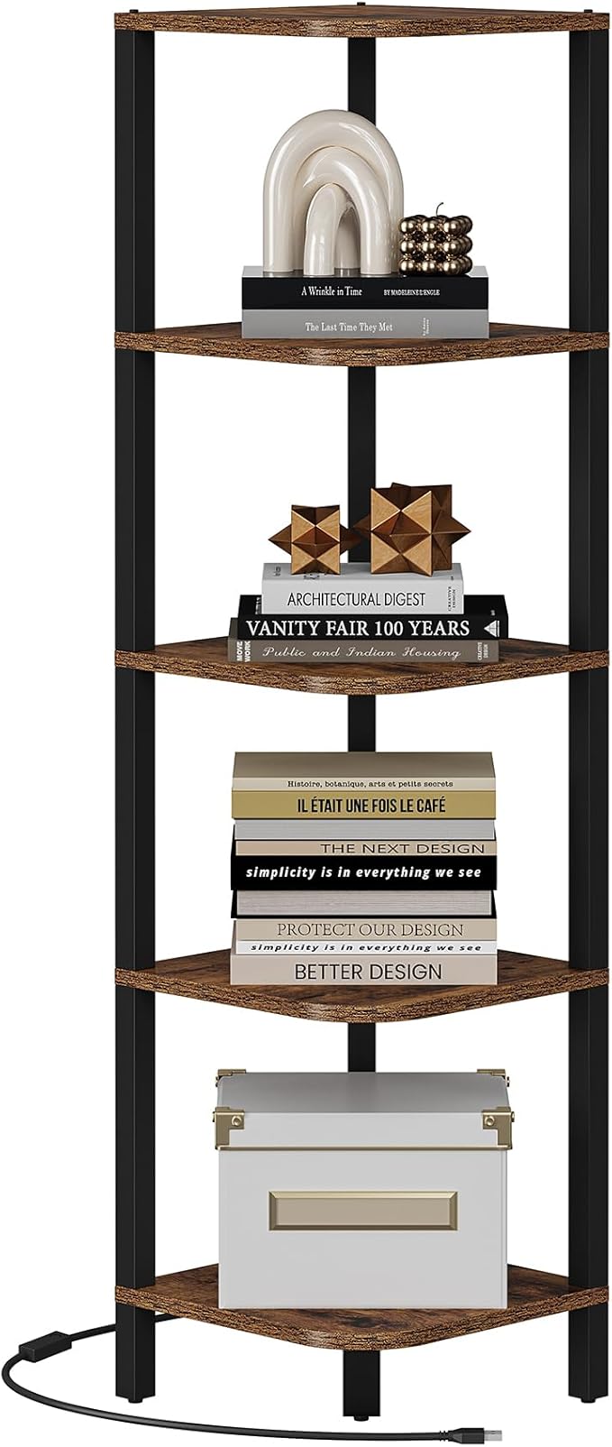 TUTOTAK Corner Shelf with LED Light, 5-Tier Corner Bookshelf | for Small Space, Narrow Display Corner Shelf Stand with Storage Rack, for Living Room, Bedroom, Rustic Brown BS08BB005L