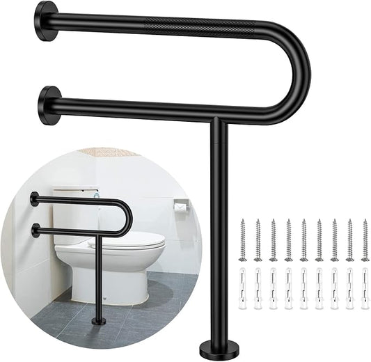 Toilet Support Rail 24x28 Inch, Munzong Anti-Slip Black Handicap Grab Bar | Folding Stainless Steel Knurled Safety handrails with Leg for Bathroom Elderly Disabled Pregnant-1.25’Tube