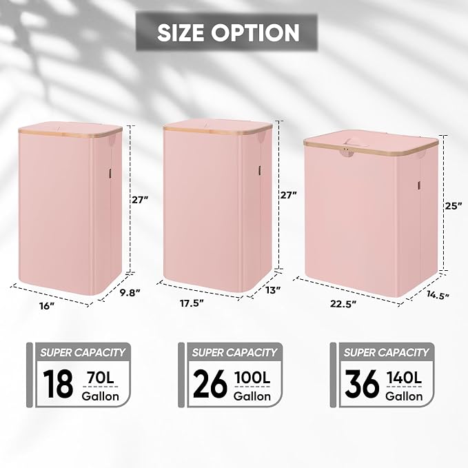 BALEINE Laundry Hamper with Lid, Tall Laundry Baskets with Bamboo Pull Handles, Large Laundry Bin with Internal Support (36 Gal/140L, Pink)