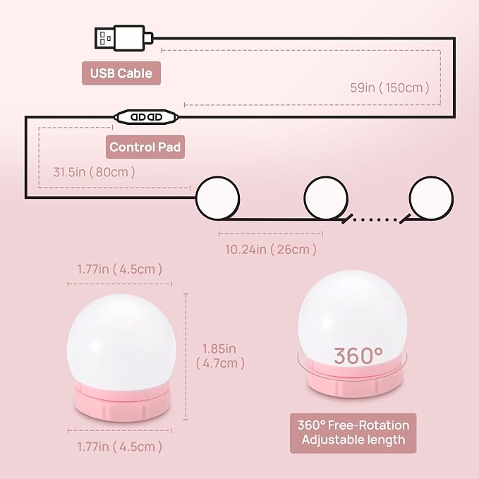 Consciot LED Vanity Lights for Mirror, Hollywood Style 10 Dimmable Bulbs | Adjustable Color & Brightness, USB Cable, Mirror Lights Stick on for Makeup Table Dressing Room Mirror