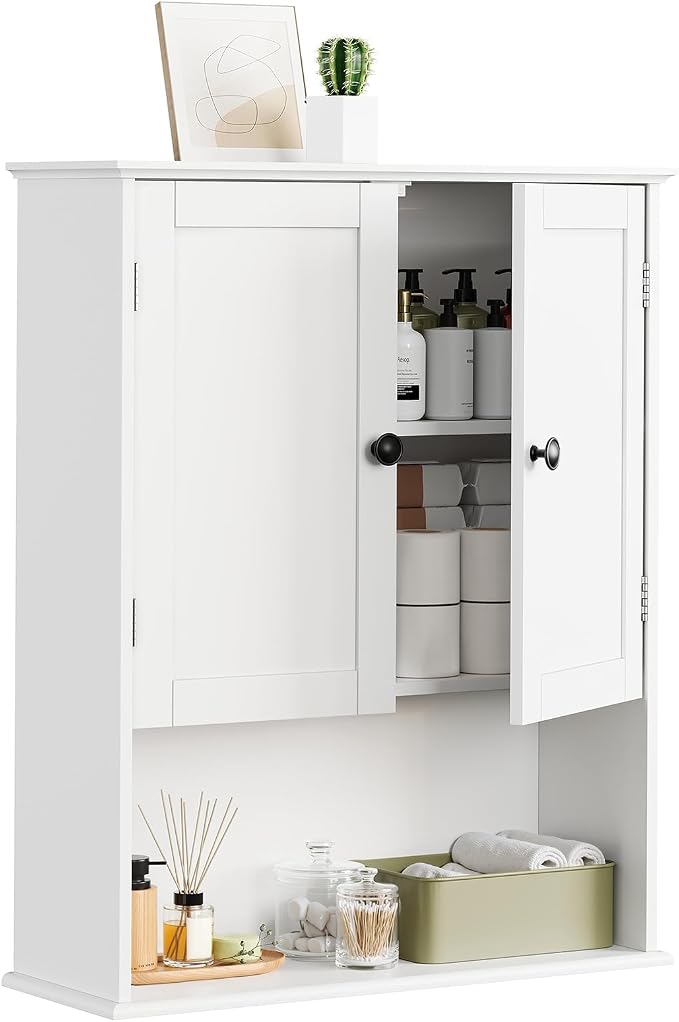 Bathroom Wall Cabinet, 30" x 24" White Painted Finish Wooden Wall Mounted Medicine Cabinet with 3 Level Adjustable Shelf, Over the Toilet Storage Cabinet, Wall Storage Cabinet for Bathroom