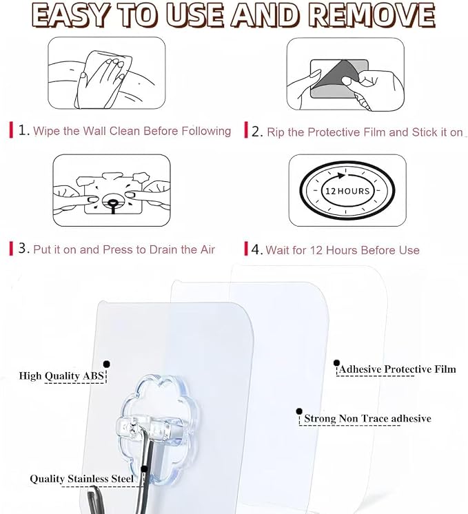 DDMY 100 Pack Heavy Duty Self Adhesive Hooks 50 lbs Transparent Reusable Sticky Wall Hooks for Hanging Waterproof Adhesive Hooks for Kitchen, Towel, Bathroom Shower, Office, and Outdoor No Damage