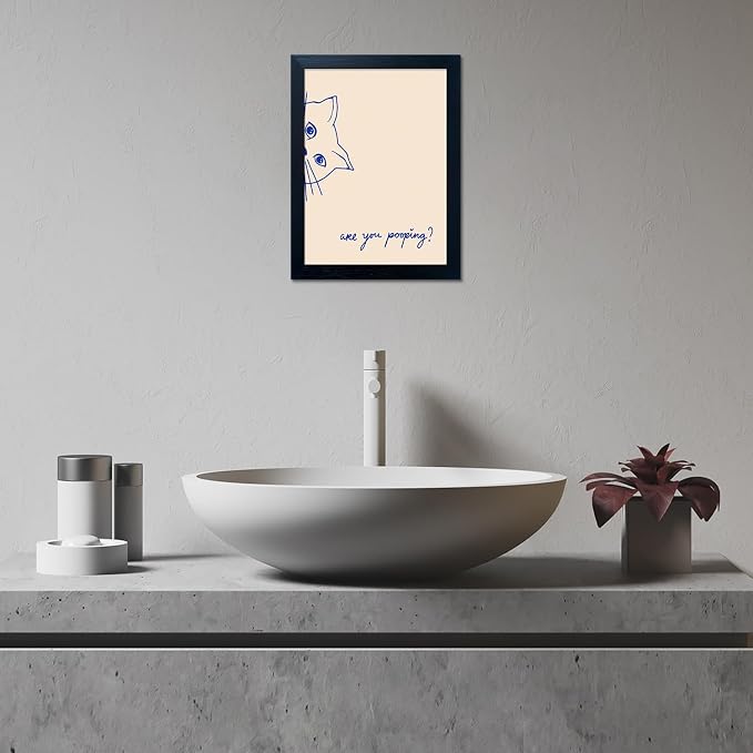 Are You Pooping Bathroom Sign Cat Toilet Decor Funny Bathroom Wall Art Framed Blue Cat Canvas Print Poster Minimalist Animal Painting
