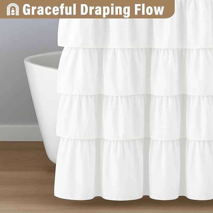 White Ruffle Shower Curtain Farmhouse Style Shower Curtain, 72" x 72" | Cascading full-length fabric tiers, soft dimensional texture, vintage shabby chic styling for decorative bathroom updates