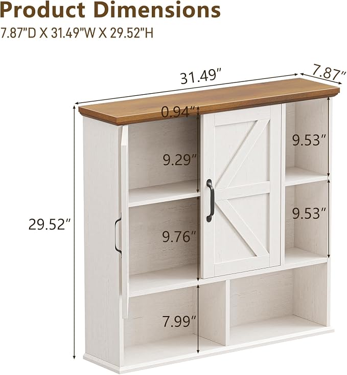 Bathroom Wall Cabinet, Farmhouse Medicine Cabinet with Doors, White & Brown | Over The Toilet Storage Cabinet with Double Barn Door and Adjustable Wood Shelf for Wall Mounted for Bathroom Laundry Kitchen