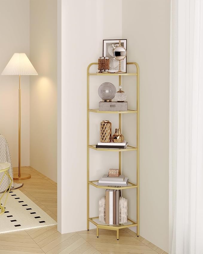 Hzuaneri Corner Shelf Stand, 5-Tier Glass Bookshelf Bookcase, Plant Stand | Bathroom Organizer Steel Frame, Tempered Glass, Modern Style for Living Room, Bathroom, Kitchen, Gold CS90200G