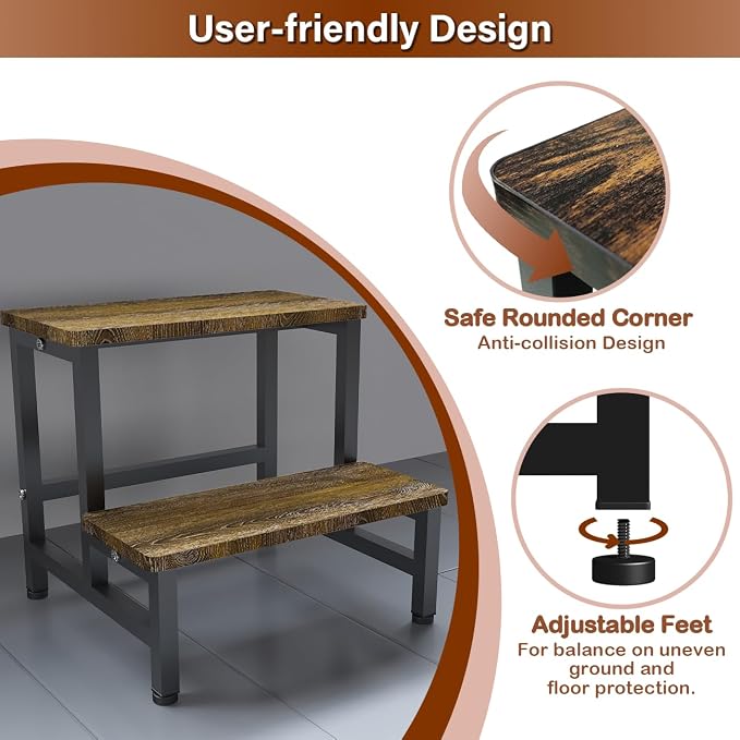 Wooden 2 Step Stool for Toddlers Kids and Adults, Heavy Duty Stepping Stools with 500 LB Load Capacity, Foot Step Stool for Bed, Living Room, Bathroom, Kitchen - Rustic Brown & Black