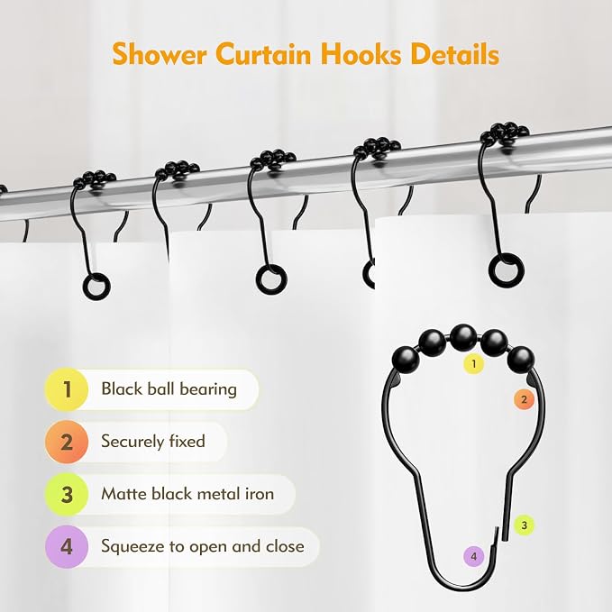 12 PCS Shower Curtain Hooks, Practical Black Shower Curtain Hooks | Metal Shower Hooks for Bathroom Shower Rods, Smooth & Quick Sliding, Secure Snap Closure, Easy Install