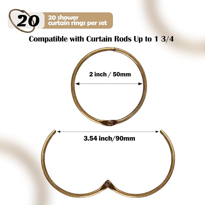 20Pcs Shower Curtain Hooks,Metal Round Shower Curtain Hooks Roman Rings | Rustproof Decorative Shower Curtain Rings for Bathroom, Bathtub, Window, Balcony (20, Bronze)