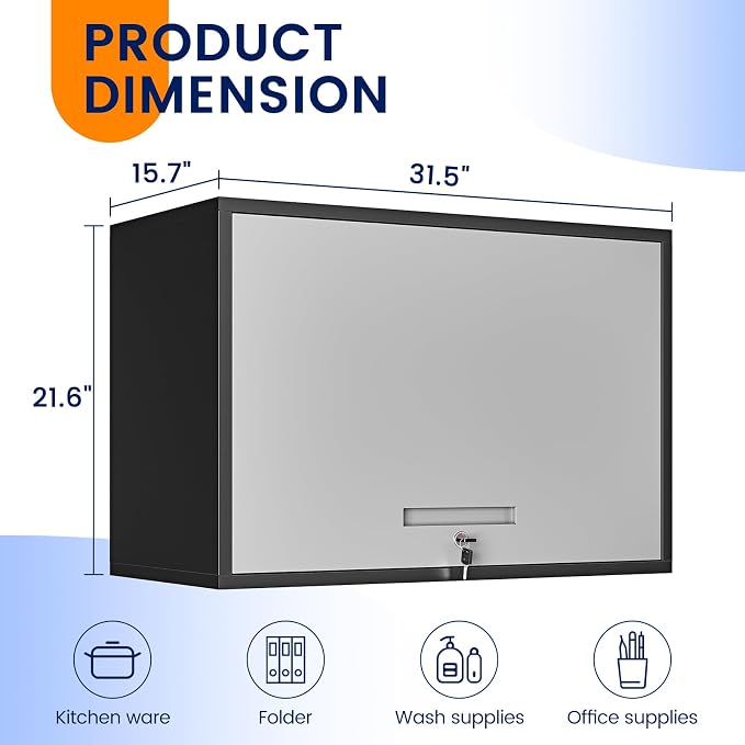 Metal Wall Cabinet with Doors and Shelves, Wall Mounted Storage Cabinet for Garage, Basement, Kitchen, Warehouse (Black Gray, 21.6" H)