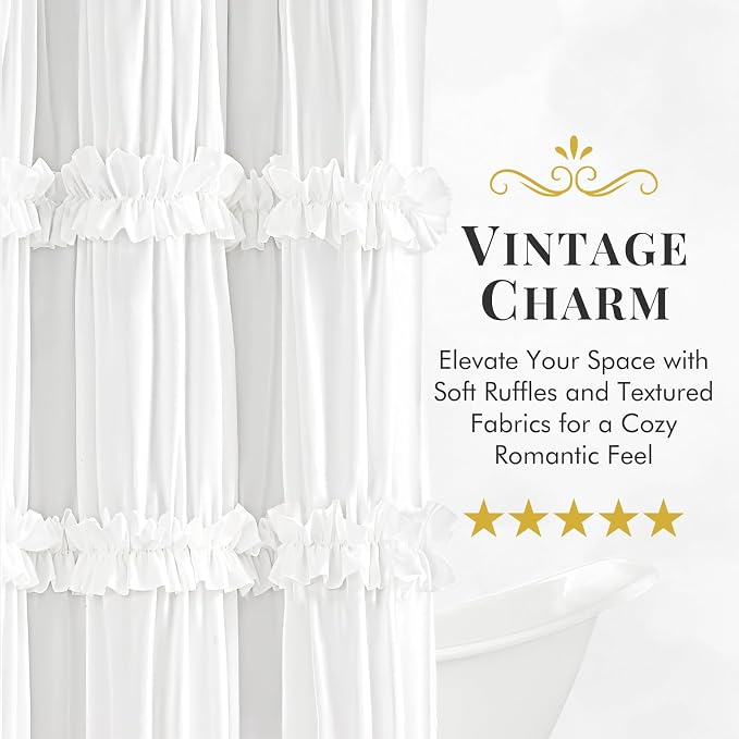 LIPA Boho Shower Curtain Rustic Ruffle Shower Curtain with Ruched & Bow Vintage Farmhouse Shower Curtains for Bathroom Bohemian Bathroom Decor(White,72x72 Inches)