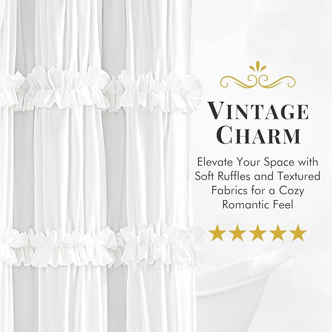 LIPA Extra Long Boho Shower Curtain Rustic Ruffle Shower Curtain with Ruched & Bow Vintage Farmhouse Shower Curtains for Bathroom Bohemian Bathroom Decor(White,72x84 Inches)