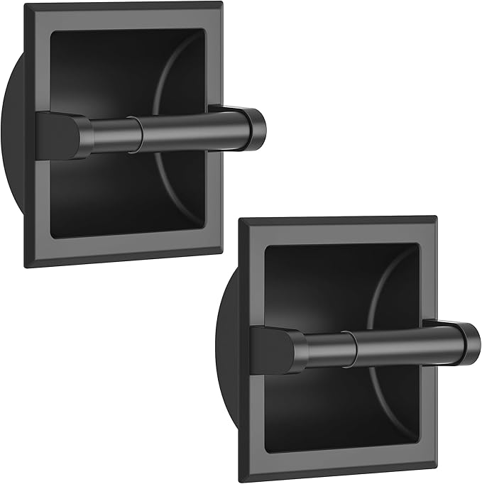 FORIOUS Recessed Toilet Paper Holder for Mega Rolls, 2 Pack Matte Black | Stainless Steel Tissue Roll Holder Wall Mount for Bathroom Space-Saving Design, in Wall Toilet Paper Dispenser Insert