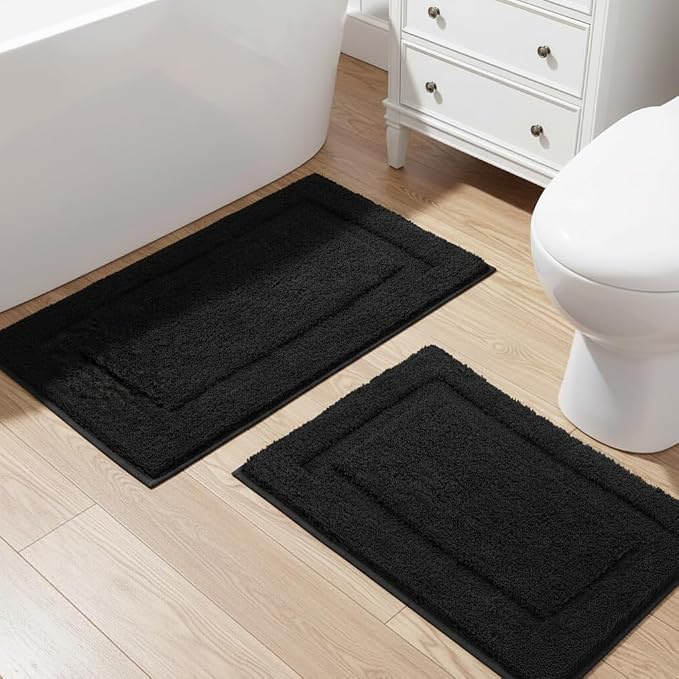SHACOS Soft Microfiber Bathroom Rugs Set of 2 Pieces, Black | 32x20 + 24x16, Absorbent Plush Bath Rugs, Non Slip Washable Shaggy Bath Mats, Fluffy Bathroom Runner Floor Mats Shower Rug