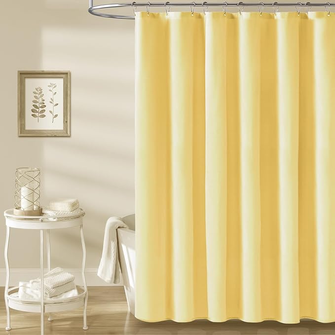 Yellow Linen Textured Waterproof Thick Fabric Shower Curtain, 72x72 | 230GSM Polyester, Heavy Duty Cloth, Weighted Hem, 12 Plastic Hooks, Modern Hotel Style, Machine Washable, Bathroom Decor