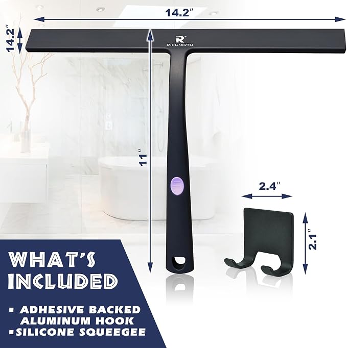 Squeegee for Shower Door 14 Inch Wide Blade, 11 Inch Short Handle One-Piece Silicone with Stainless Steel Core, Non-Slip Grip Window Squeegee for Bathroom Mirror Car Windshield, Aluminum Hook (Black)