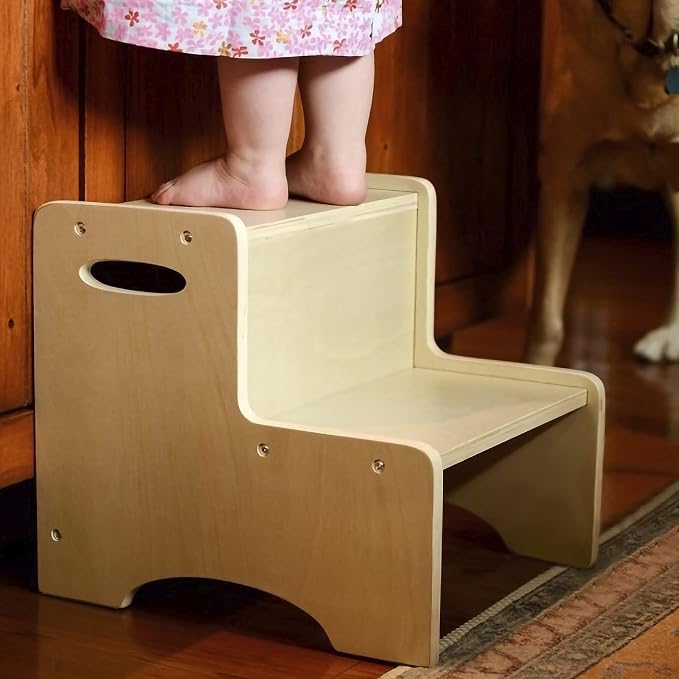 Wooden Toddler Step Stool for Kids, Bathroom Potty Stool & Kitchen Stool, Natural Two Step Stool for Bedroom, Children's Stool with Handles and Safety Non-Slip Pads
