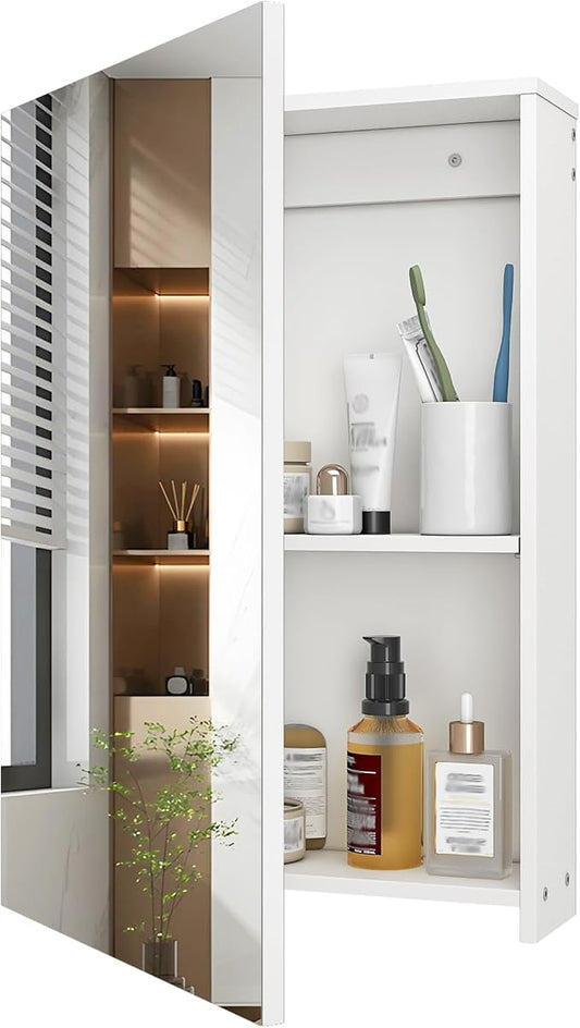 Bathroom Medicine Mirror Cabinet, 13.8'' x 19.7'', Wall-Mounted Bathroom Vanity with Mirror, Bathroom Medicine Cabinet with Storage Function, Hanging Storage Cabinet, Adjustable Shelves, White
