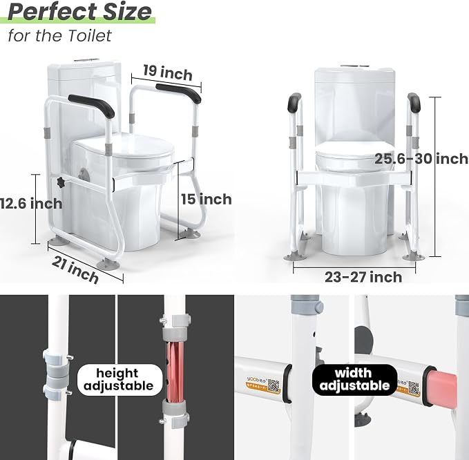 Toilet Safety Rails, Bathroom Stand Assist Aid for Elderly | Adjustable Anti-Slip Toilet Handles Bar with Wide Base, Tool-Free Assembly for Seniors, Disabled & Post-Surgery Recovery