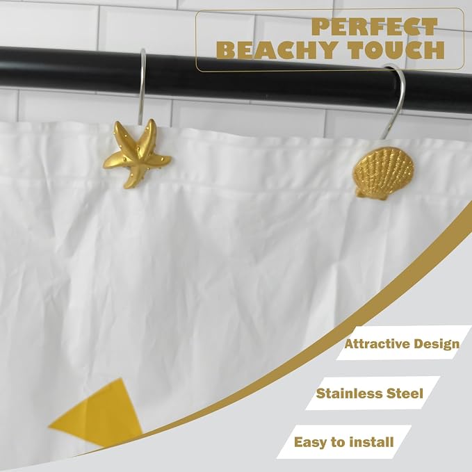 Seashell Shower Curtain Hooks 12pcs Beach Shower Curtain Rings Bath Shower Hooks Rust Proof Curtain Hangers Coastal Bathroom Accessories Decor (Golden)