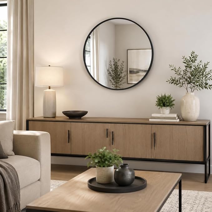 2 Pack 30 Inch Round Bathroom Mirrors for Over Sink | Circle Mirror with Metal Frame, Black Wall Mirror Modern Decoration for Vanity, Entryway, Living Room, Hallway and Bedroom