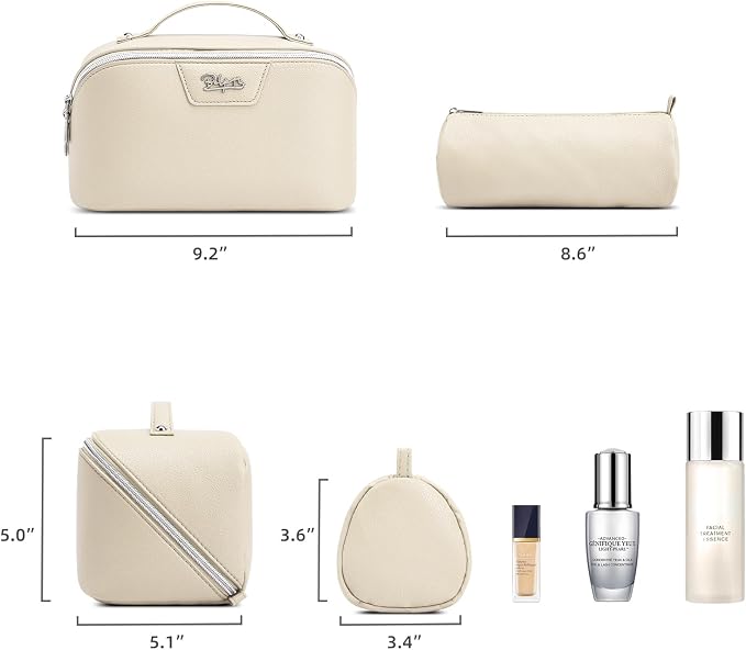BOYATU Travel Makeup Bag Cosmetic Bags for Women: 3 Pcs Set Make up Bag | Large Capacity Waterproof Vegan Leather Organizer Bags with Compartments - Lay flat Toiletry with Handle (L27Off-white)