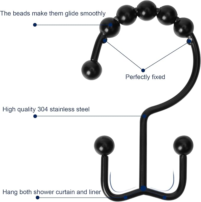 Gidse Shower Curtain Hooks,Sturdy Stainless Steel Double Sided Shower Hooks Rings for Bathroom Shower Curtain Rods Curtains Set of 12 Hooks - Matte Black