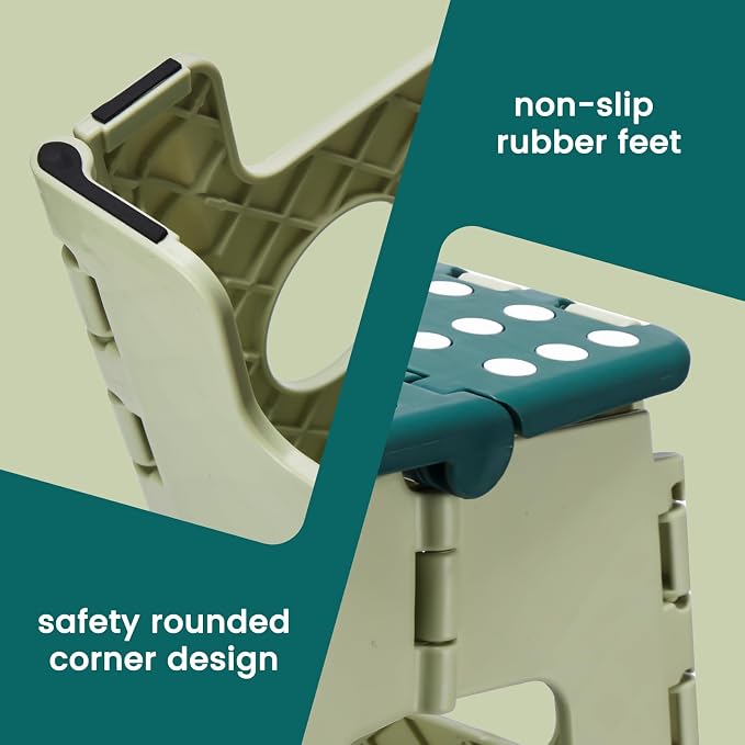 Foldable Step Stool for Adults 13 Inch, 300 lbs, Green | Lightweight Stepping Stool with Handle and Non-Slip Surface, for Reaching Kitchen Cabinets, Bathroom Shelves and Closets