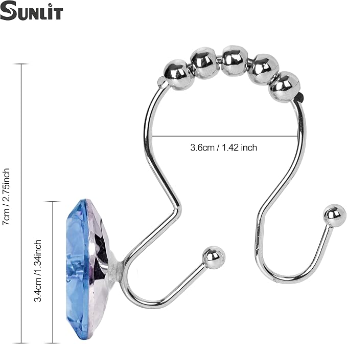 Sunlit Luxury Design Round Blue Diamond Crystal Gem Bling with Glide Balls Double Shower Curtain Hooks, Rust Proof Metal Rhinestones Glam Shower Curtain Rings-12 Pack