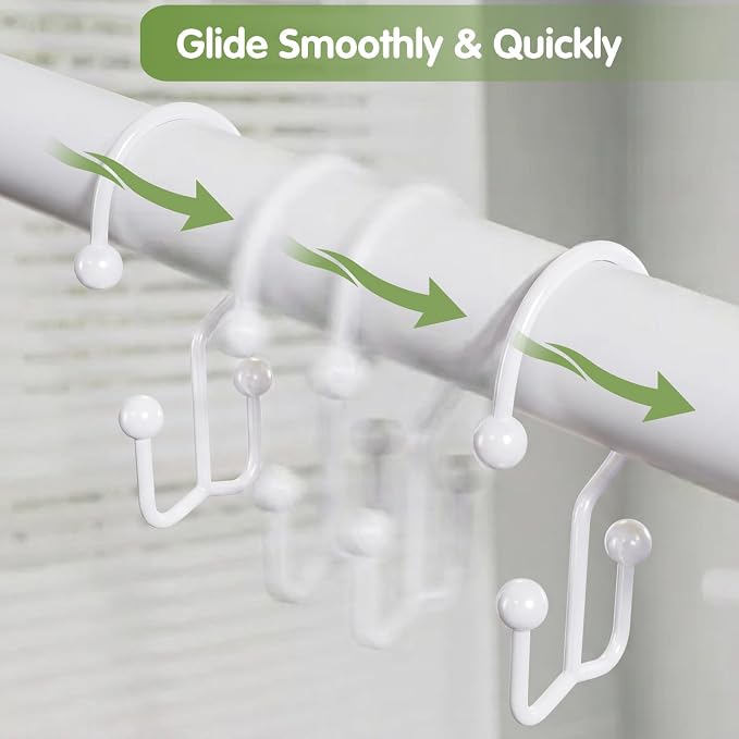 OEH Shower Curtain Hooks, Metal Shower Curtain Rings, Decorative Shower Curtain Hooks Rust Proof, Double Shower Rings for Curtain, Easy Install Anti-Drop Shower Hooks for Shower Curtain White, 12 Pack