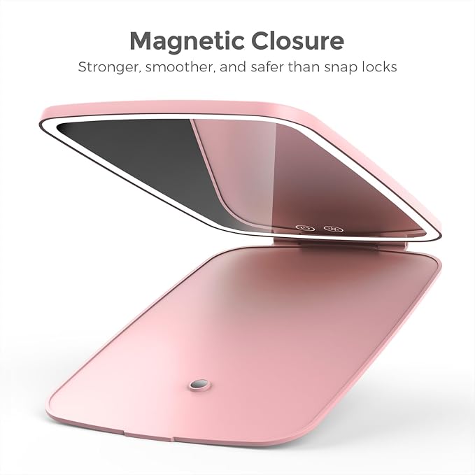 NEZZOE Portable Makeup Mirror, Large Travel Mirror with Light, 10”x7”, Pink | Foldable Makeup Mirror, 2000mAh Rechargeable Battery, 3 LED Lighting Modes, Magnetic Closure