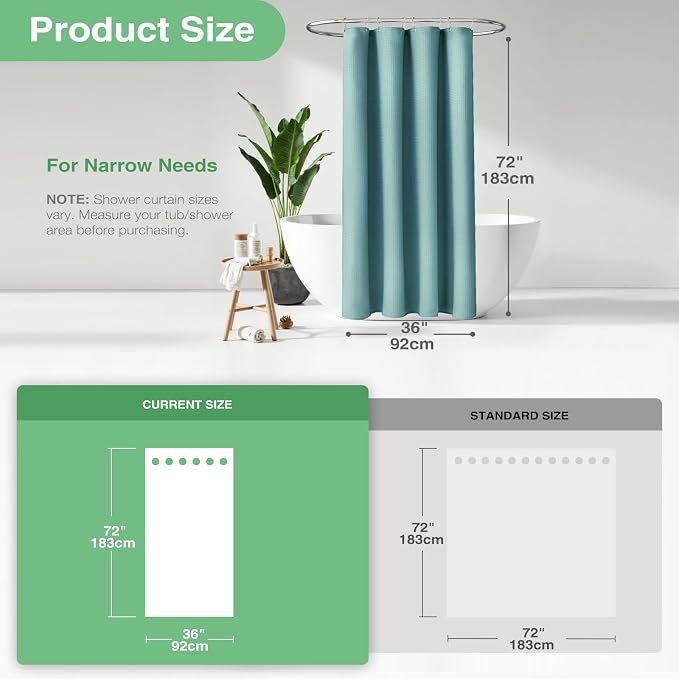 Stall Waffle Shower Curtain 256 GSM Heavy 36"x72" Teal/Turquoise | Narrow Half Size, Thick Polyester Cloth, Weighted Hem, Water Repellent, Washable, Hotel Bathroom Shower Curtain Set 6 Hooks
