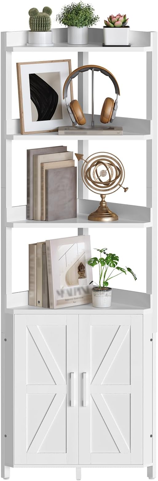 HOOBRO Corner Shelf with Storage, Tall Corner Cabinet, 5-Tier Bookshelf Stand, Storage Cabinet with Protective Fence, for Living Room, White WW78CJ01