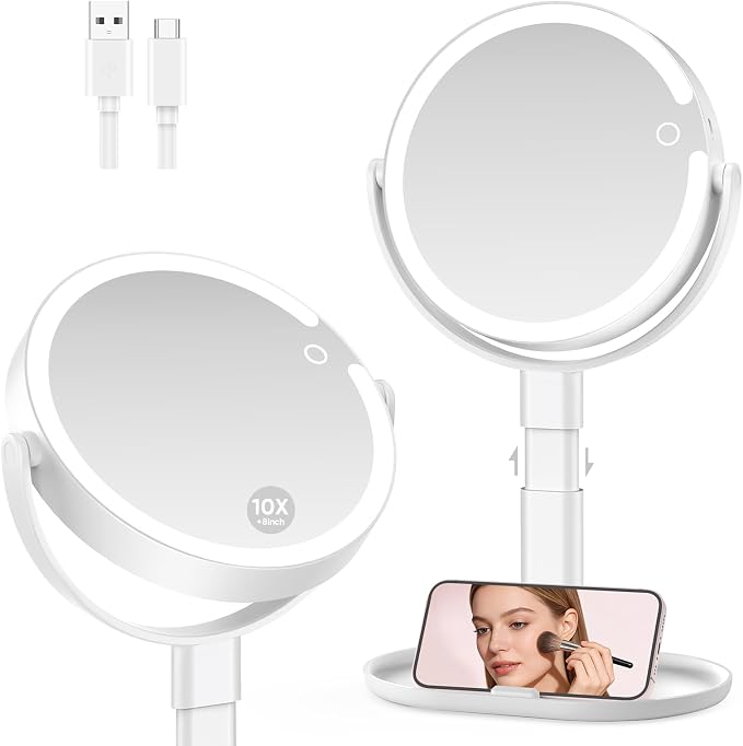 Rechargeable Lighted Makeup Mirror,10X Magnification, 8 Inch | 3 Adjustable Light Colors, Rechargeable Cordless Design, Adjustable Height, Storage Base with Phone Holder,Touch Control
