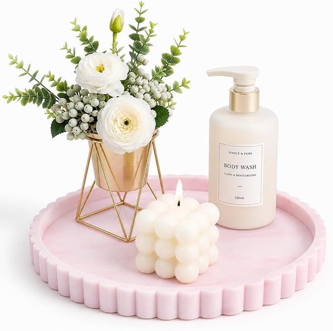 Silicone Bathroom Tray with Scalloped Edge, 11.9 Inch Round Large Vanity Tray for Bathroom Countertop, Non-Slip Elegant Sink Organizer Tray for Toiletries & Jewelry, Marble White Pink