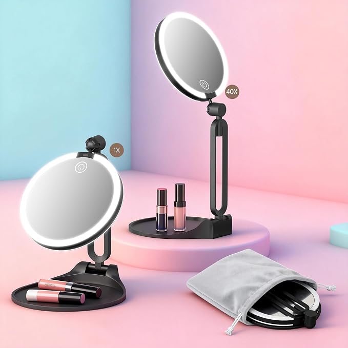 Travel Magnifying Makeup Mirror with Lights, Double Sided 40X/1X, 6inch | 3 Colors Dimming Light, Rechargeable Battery, Desk& Travel Use, High Magnification, For Makeup Lovers & Low Vision Seniors