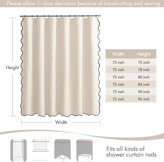 MIULEE Cream White Scalloped Linen Shower Curtain 72x78 Inches | Linen Textured, Waterproof, Washable, 12 Metal Hooks, Heavy Duty Cloth, Black Border, Shower Curtain for Bathroom Bathtub